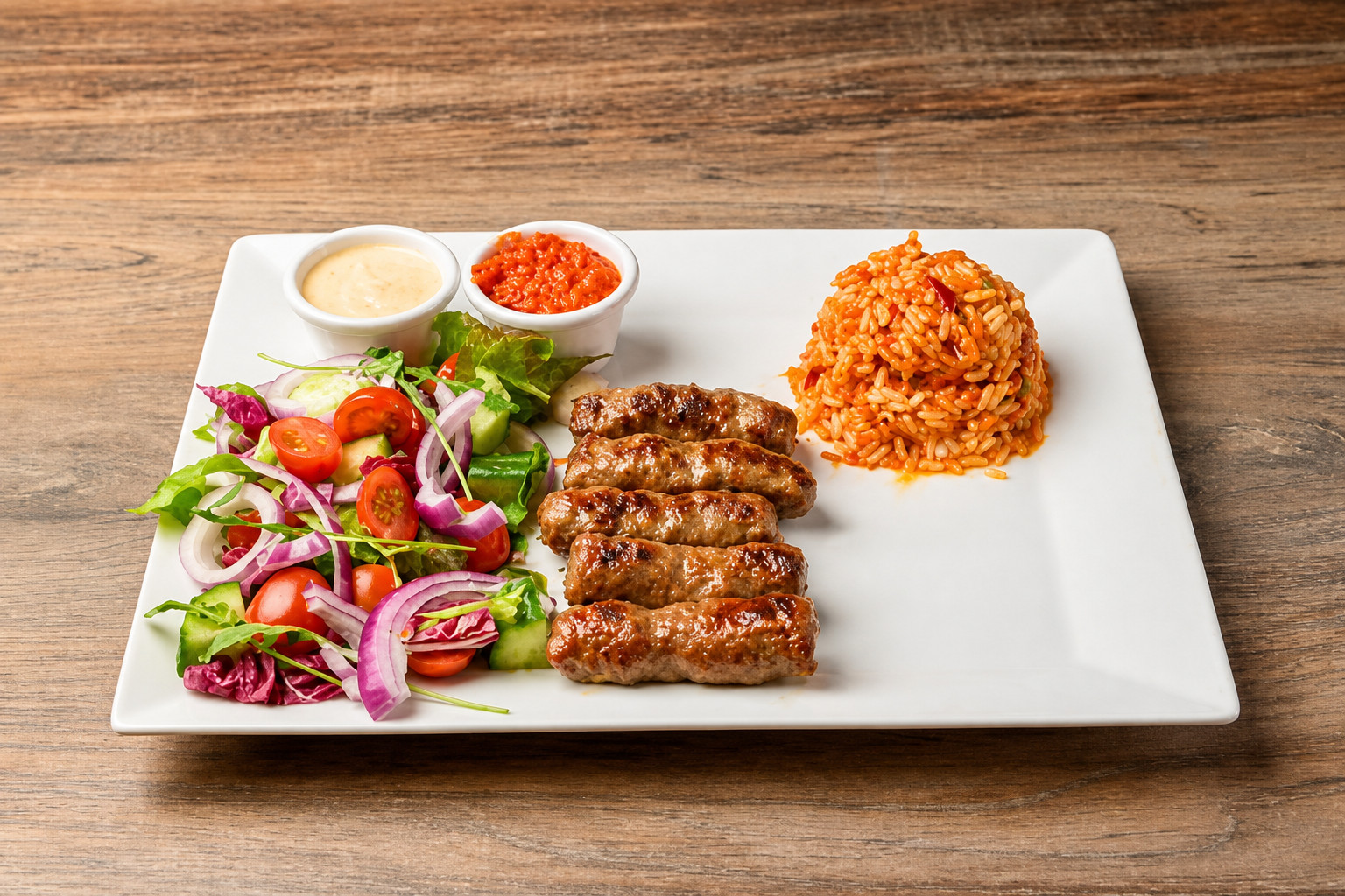 Ćevapčići mit Djuveč-Reis, Ajvar und frischem Salat – Restaurant Schillerhof Pnishi