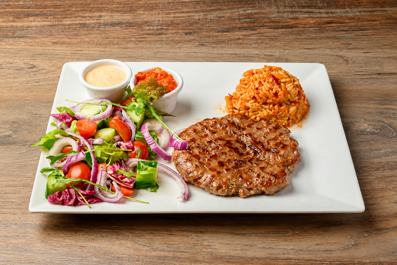 Pljeskavica – großes Hacksteak vom Grill mit Djuveč-Reis und Salat – Restaurant Schillerhof Pnishi