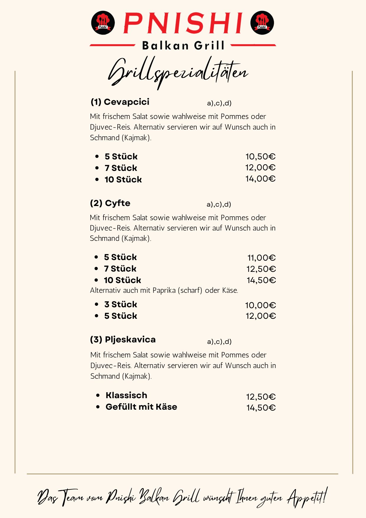 Grillspezialitäten 1–3: Ćevapčići, Ćyfte, Pljeskavica