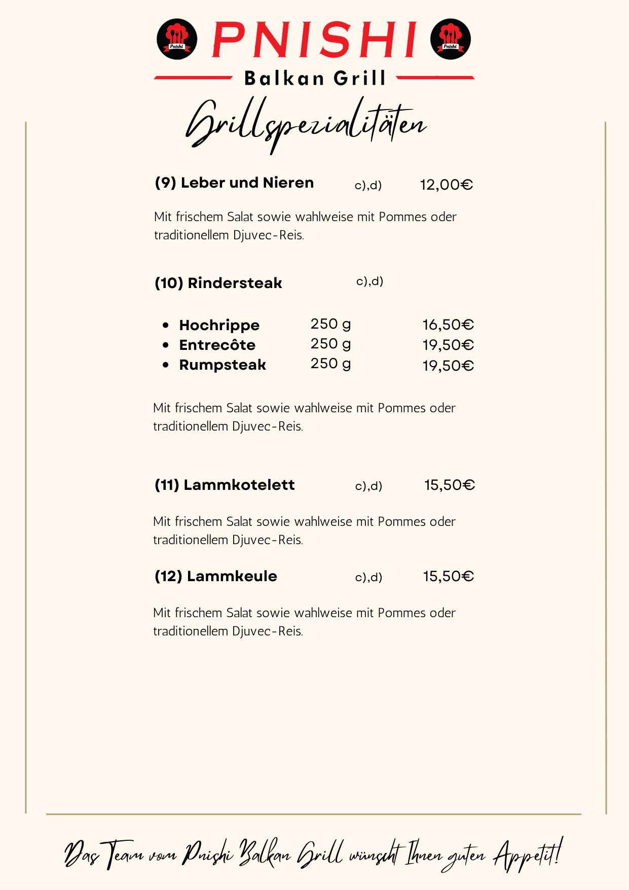 Grillspezialitäten 9–12: Leber und Nieren, Rindersteak, Lammkotelett, Lammkeule