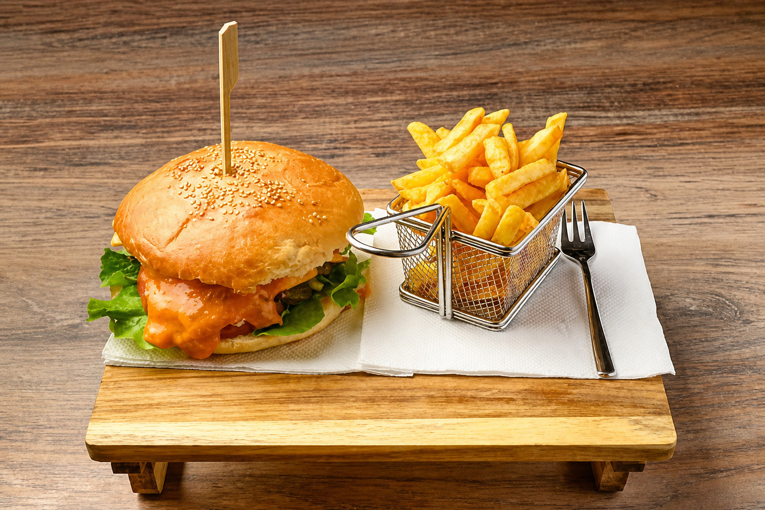Balkanburger mit Pommes im Körbchen, serviert auf dem Holzbrett – Balkan Grill Pnishi