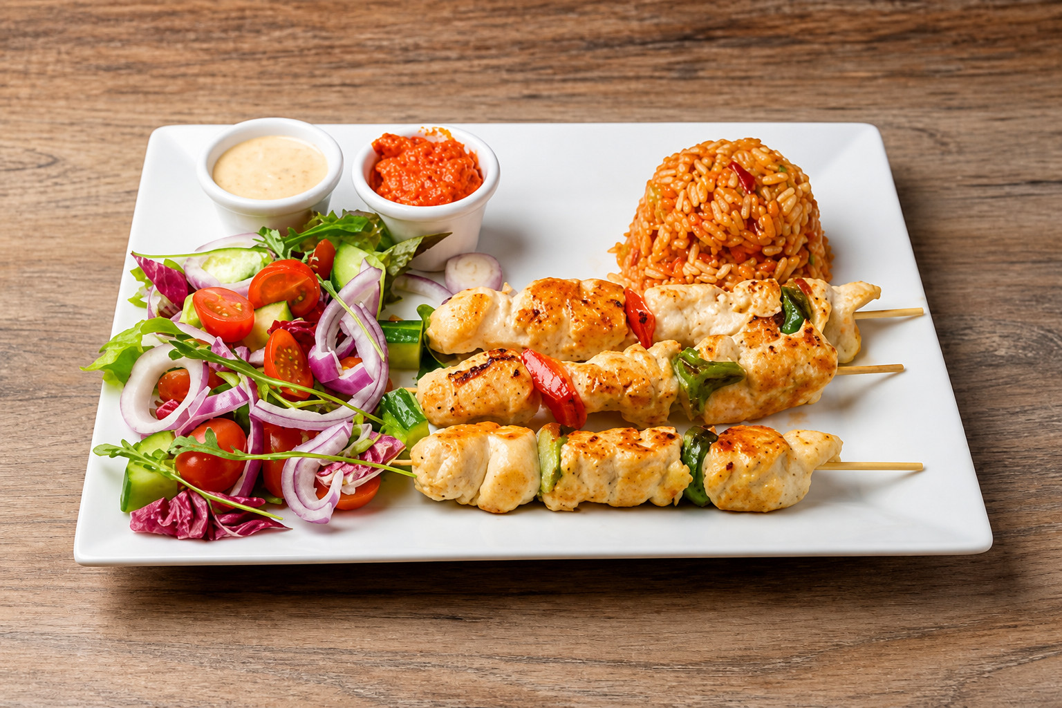 Hähnchenspieße vom Grill mit Djuvec-Reis, Ajvar und Salat – Balkan Grill Pnishi