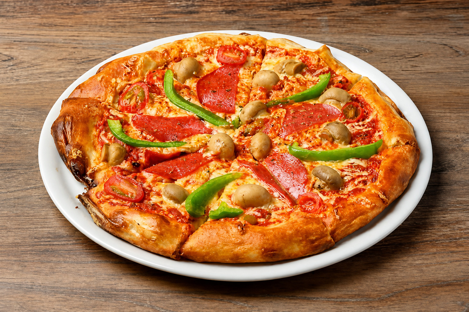 Frisch gebackene Pizza mit Salami, Paprika und Champignons – Balkan Grill Pnishi
