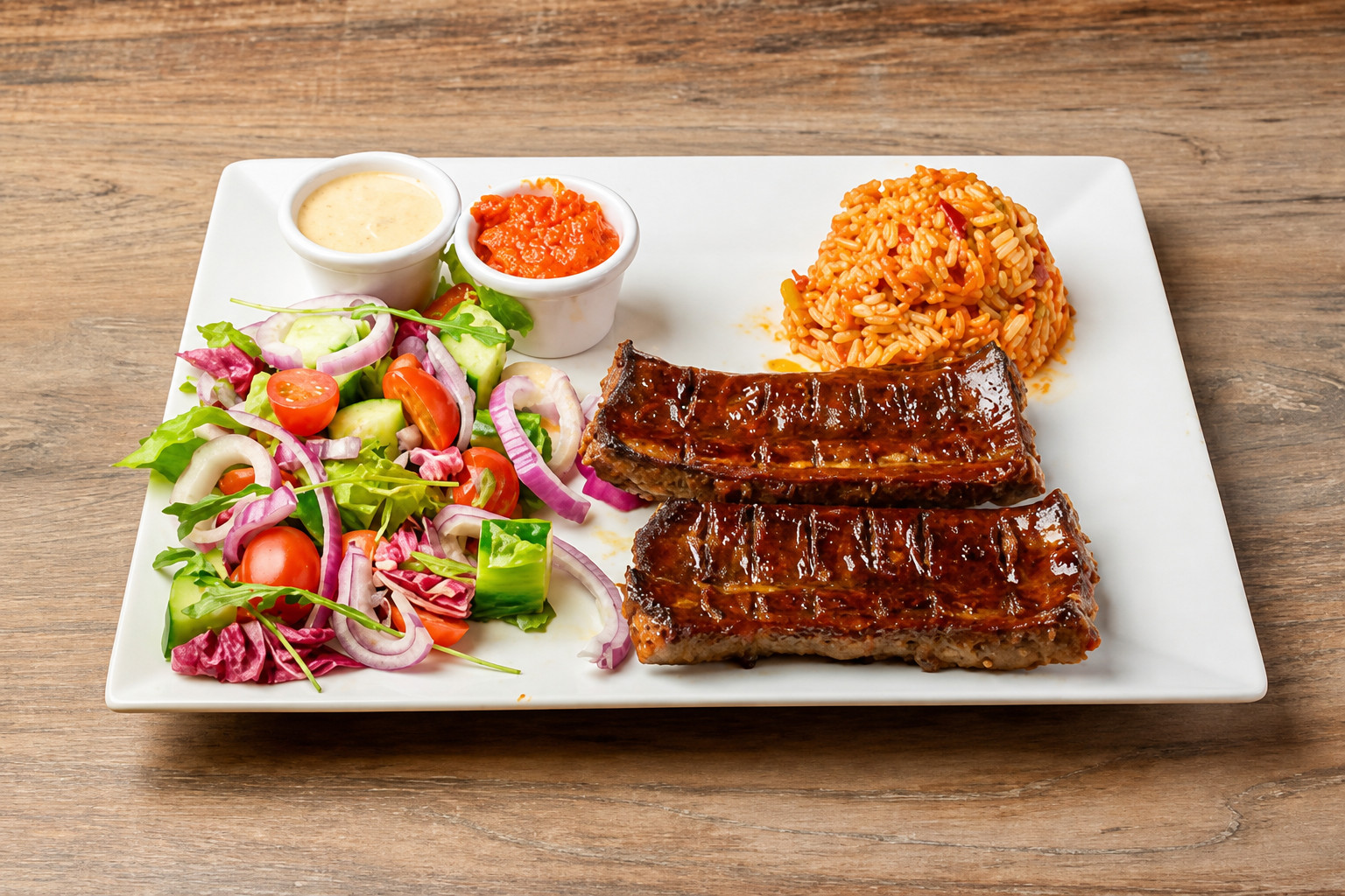 Spare Ribs vom Grill mit Djuvec-Reis, Ajvar und Salat – Balkan Grill Pnishi