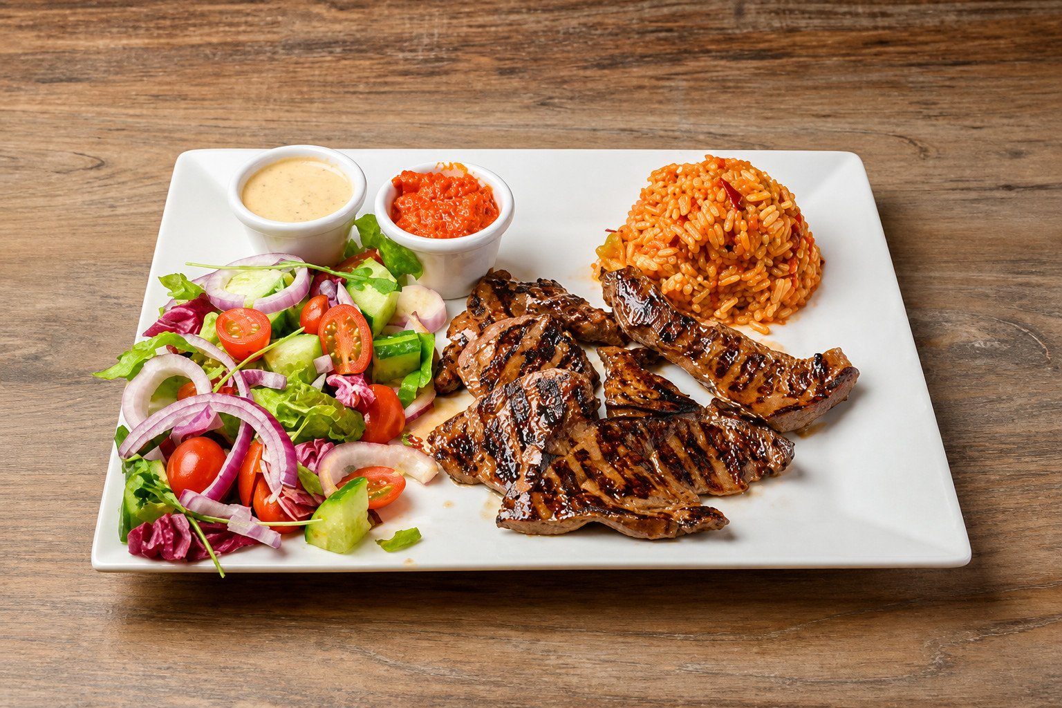 Rindersteak vom Grill mit Djuvec-Reis, Ajvar und frischem Salat – Balkan Grill Pnishi