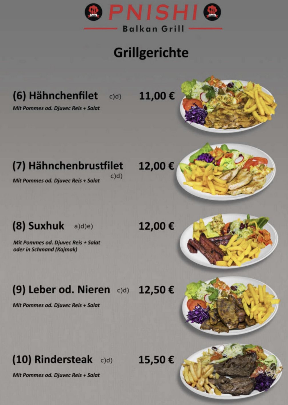 Grillgerichte 6–10: Hähnchenfilet, Suxhuk, Leber, Rindersteak