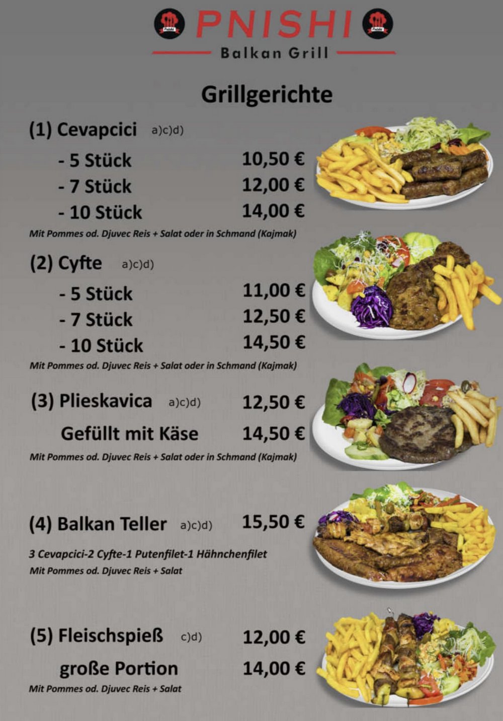 Grillgerichte 1–5: Ćevapčići, Ćyfte, Pljeskavica, Balkan Teller, Fleischspieß